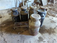 6 MILK CANS AND DAMAGED GRISWOLD STOVE