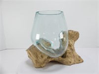 MOLDED GLASS BOWL ON WOOD STAND