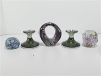 SIGNED SMOKE GLASS CANDLE STICKS, PAPERWEIGHTS