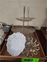 LOT VARIOUS GLASS 2 TIER TIDBIT TRAY & OTHER