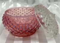 1940s Fenton Cranberry Glass Hobnail Powder Jar