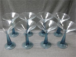 Eight Vintage Blue Stem Martini Glasses