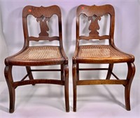 Pr. Tiger maple Empire chairs, cane seat, sabre
