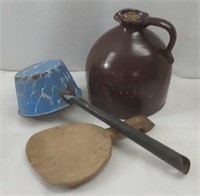 Enamel Ladek, Butter Paddle and Stoneware Jar