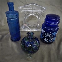 4 BLUE/CLEAR GLASS HOME DECOR*VASE*FRAME*MORE