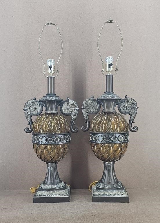 Pair of Amber Glass Urn Table Lamps