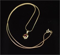Ruby set 14ct yellow gold pendant & "snail" chain