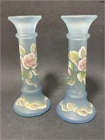 Pair of Painted Glass Candlestick Holder/Vase by