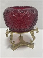 Red Glass Fenton Dish on Brass Stand, 7 " tall
