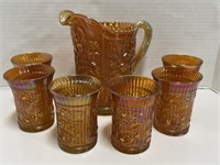 Imperial Marigold Carnival Glass Pitcher and 6
