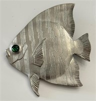 PRETTY AMOS PEWTER FISH BROOCH W ABALONE ACCENT