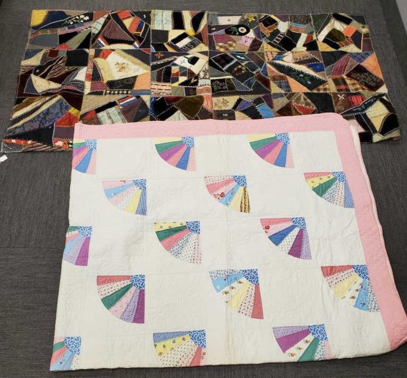 Antique crazy quilt 36" x 69" & a patchwork quilt