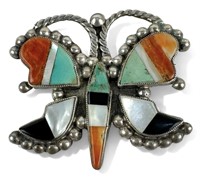 Zuni Inlaid Silver Butterfly Brooch