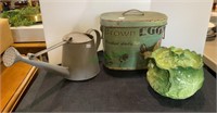 Mix lot including a tin watering bucket, an egg