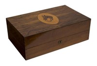 FIGURED WOOD BAR BOX MARQUETRY INLAID HORSE HEAD