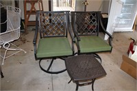 2 METAL SWIVEL PATIO CHAIRS WITH SIDE TABLE