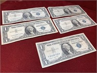 (5) WASHINGTON SILVER CERTIFICATES $1 1957