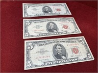 (3) UNITED STATES LINCOLN $5 RED NOTES 1963