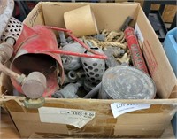 BOX OF PIPE PARTS, ROPE, VTG. BUG SPRAYER & MORE