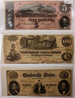 Coin 3 Genuine Confederate Notes $5, $10 & $100