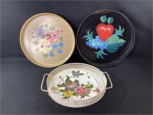 Vintage Hand Painted Tole Metal Serving Trays