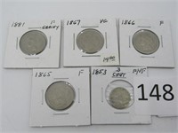 Lot of 5 US 3 Cent Coins, 1853, 1865, 1866, 1867