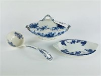 Flow Blue Covered Dish, Ladle & Under Plate