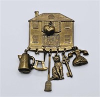 Jan Michaels  Brass House Brooch with Charms