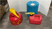 Gas Cans 2 and 1.25 gallons and Water Bucket