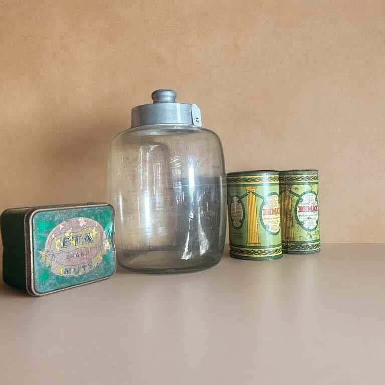 VINTAGE GLASS LOLLY JAR & 3 TINS