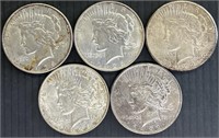 5 Peace US Silver Dollars 1922, 22S, 26D