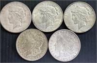 5 US Silver Dollars 1921D, 26D, 27D, 28S