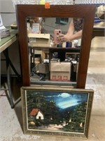 Wood Frame Mirror and Velvet Village Picture
