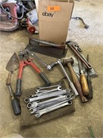 Box of misc tools. Wrenches, hammers, ratchets