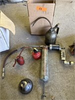 Lot of two boxes of grease guns, oil cans,