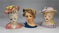 (3) LADY HEAD PLANTER VASES - CHIP OR REPAIRED