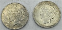 (KK) 2 Silver Peace Dollar Coins 1923d & 1926s