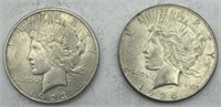 (KK) 2 Silver Peace Dollar Coins 1923s & 1926s