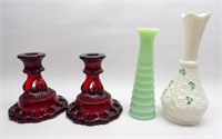 6 1/4" Jadeite, 7" Belleek Vase, Candleholders