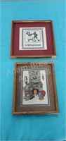 2 hand made framed cross stitch wall hangings, 9