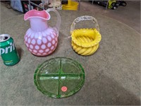 Art Glass Pitcher, Basket, & Divided Tray