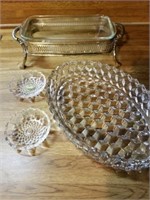 GLASS SERVING DISH WITH TRAY AND CRYSTAL DISHES (2