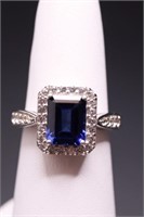Emerald cut blue sapphire ring, lab created