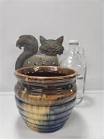 Spirit Cider Jar, Blue Stoneware Pot, Metal Cat
