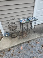 Two Tile Top Plant Stands and Metal Basket Planter