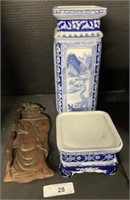 Blue & White Ceramic Chinese Vase/Pedestal Plate.