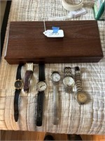 Wooden Box & Assorted Watches