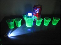 uranium glass small pitcher and shot glasses