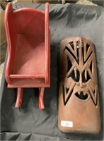 Wood Carved Tribal Mask, Red Toy Sleigh.