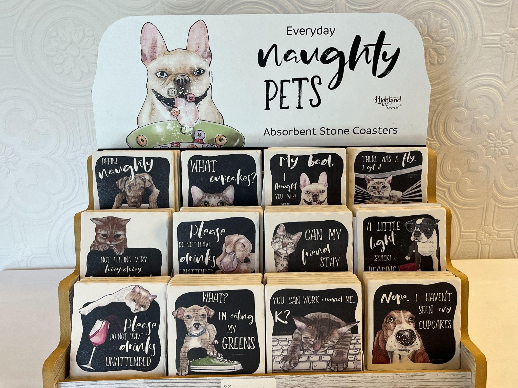 Lot of Naughty Pets Stone Coasters With Display